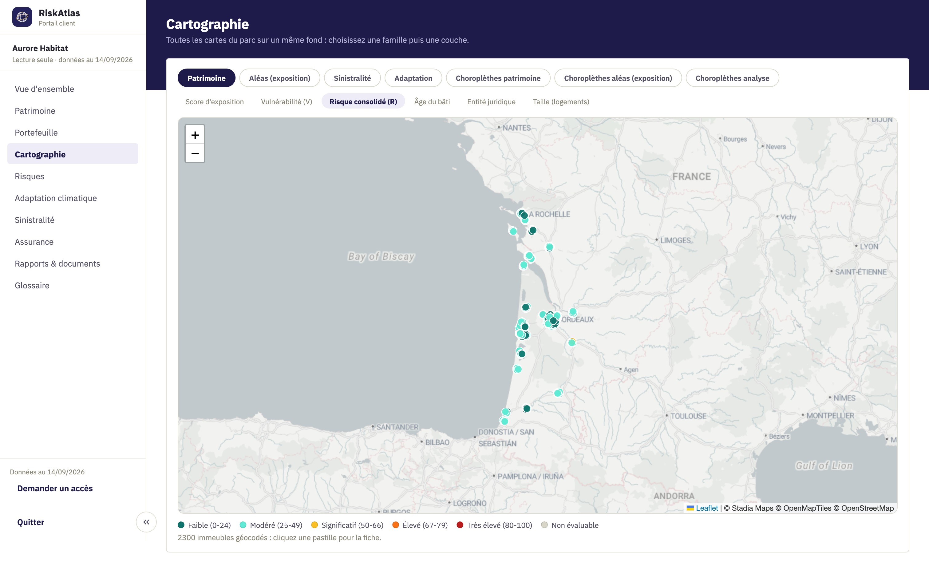 Portail RiskAtlas, cartographie du risque consolidé par immeuble (cas fictif Aurore)